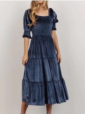 Baltic Born Navy Smocked Velvet Tiered Midi Dress NWT XL